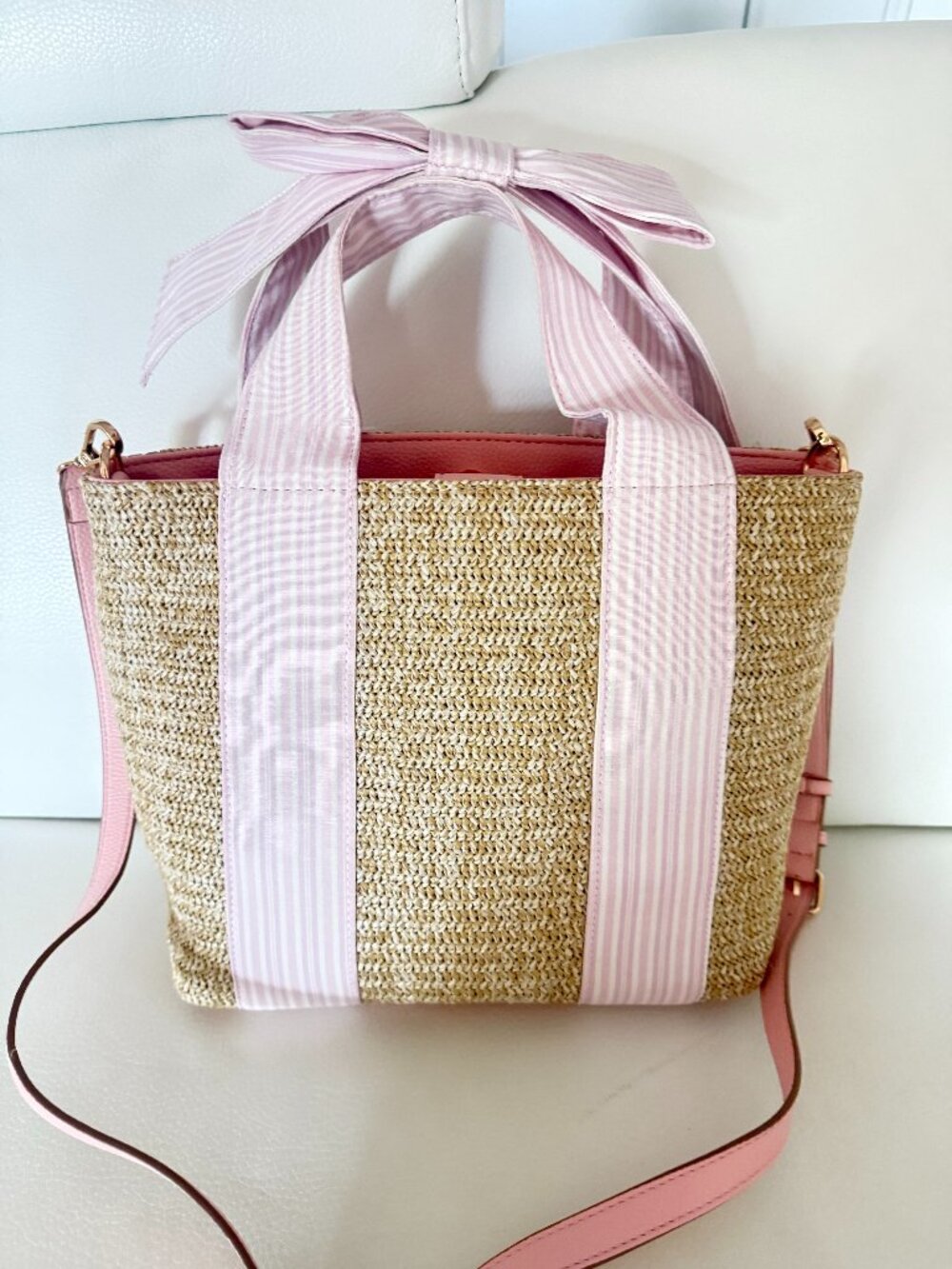 NWT NANETTE LEPORE BESSY TOTE CROSSBODY BAG NATURAL PINK GINGHAM W BOW - Picture 3 of 6
